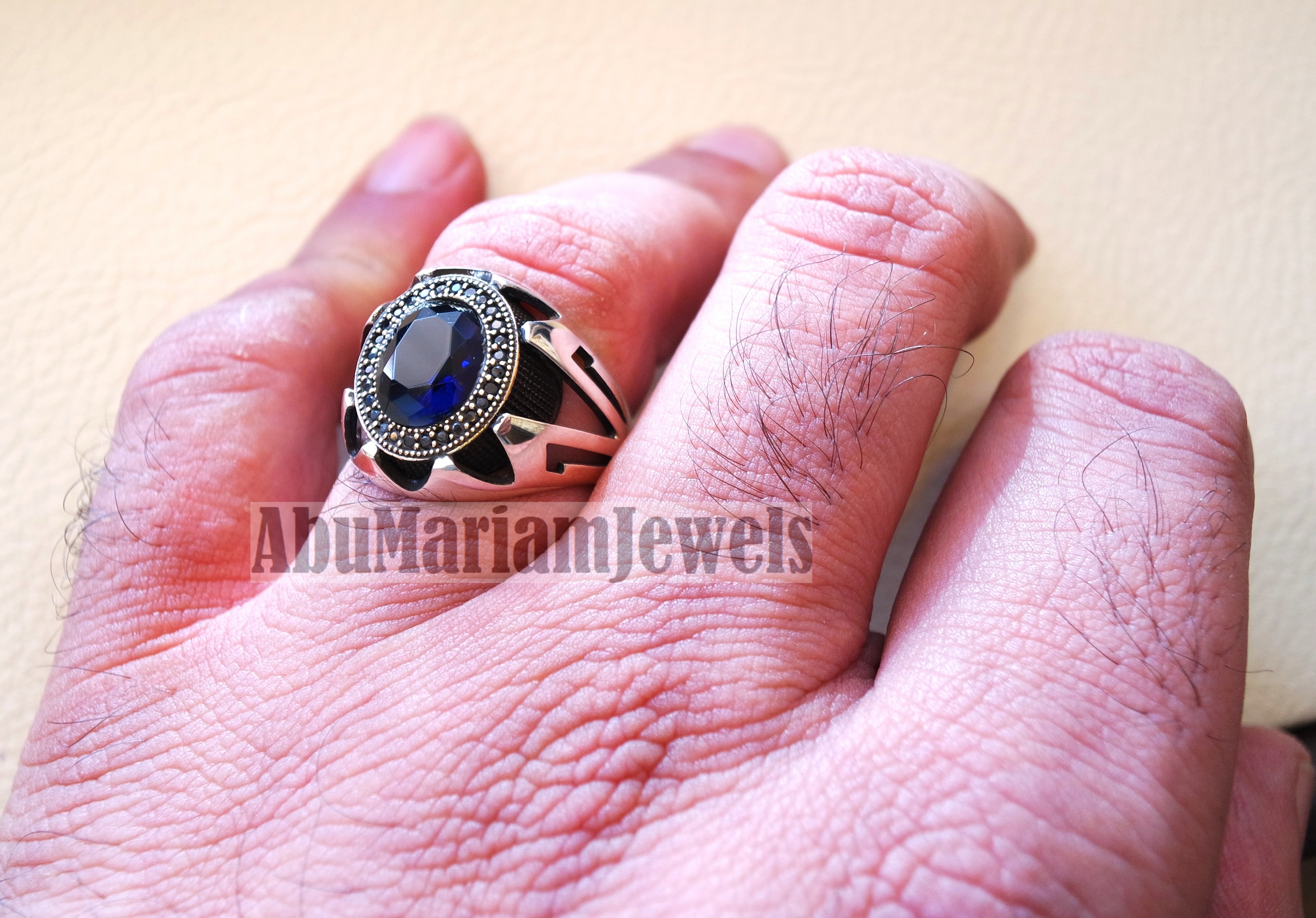 Blue corundum identical to genuine sapphire stone black cubic zircon on bronze frame stunning sterling silver 925 men ring all sizes