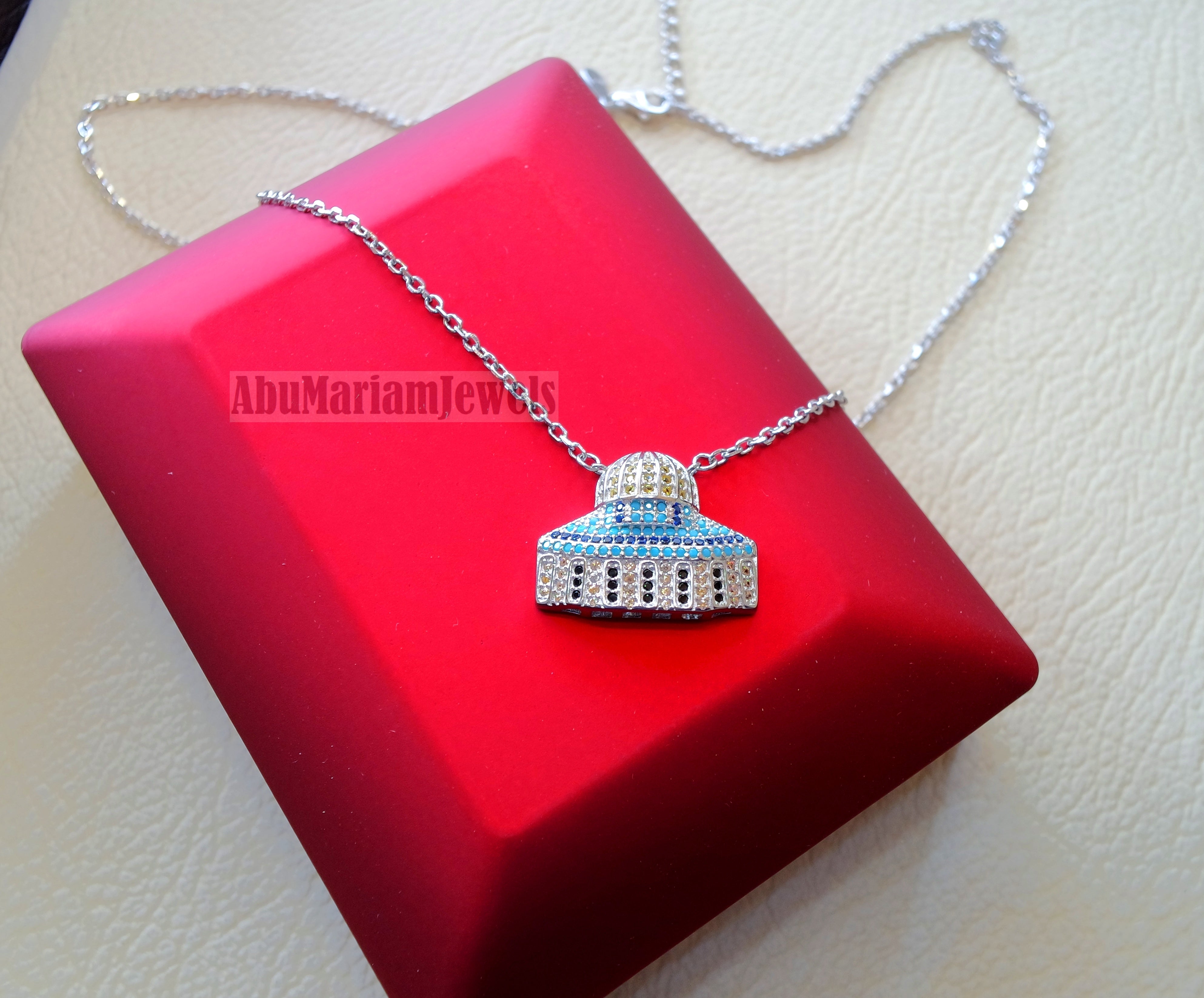 Al Aqsa mosque necklace muslim gift sterling silver 925 with cubic Zirconia colorful micro setting المسجد الأقصى