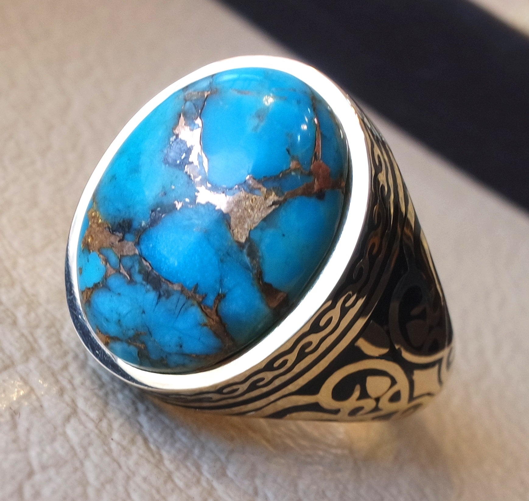 18k yellow gold men ring blue turquoise cabochon high quality