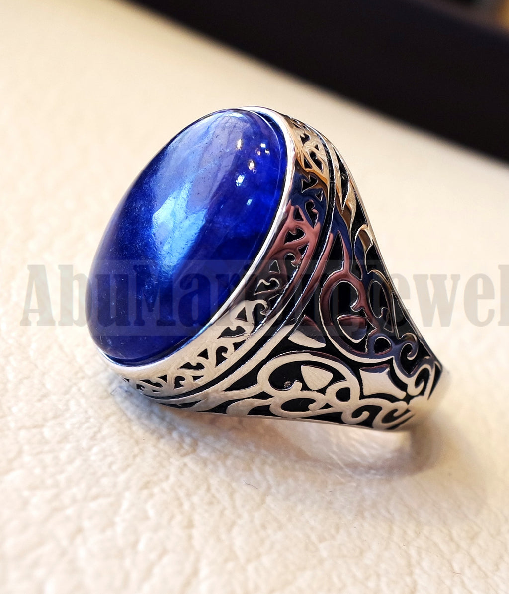 Treated natural corundum identical to genuine sapphire stone color huge men ring sterling silver 925 any size ottoman jewelry زفير