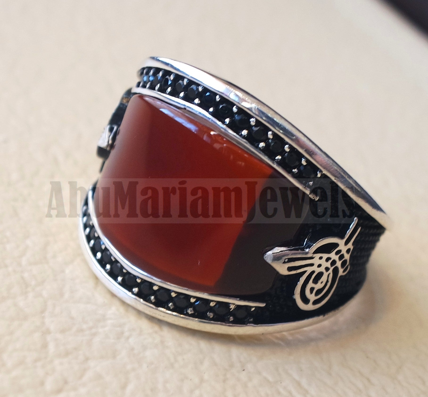 agate red aqeeq natural flat cushion stone man ring all sizes arabic Ottoman turkey antique style black zircon side setting