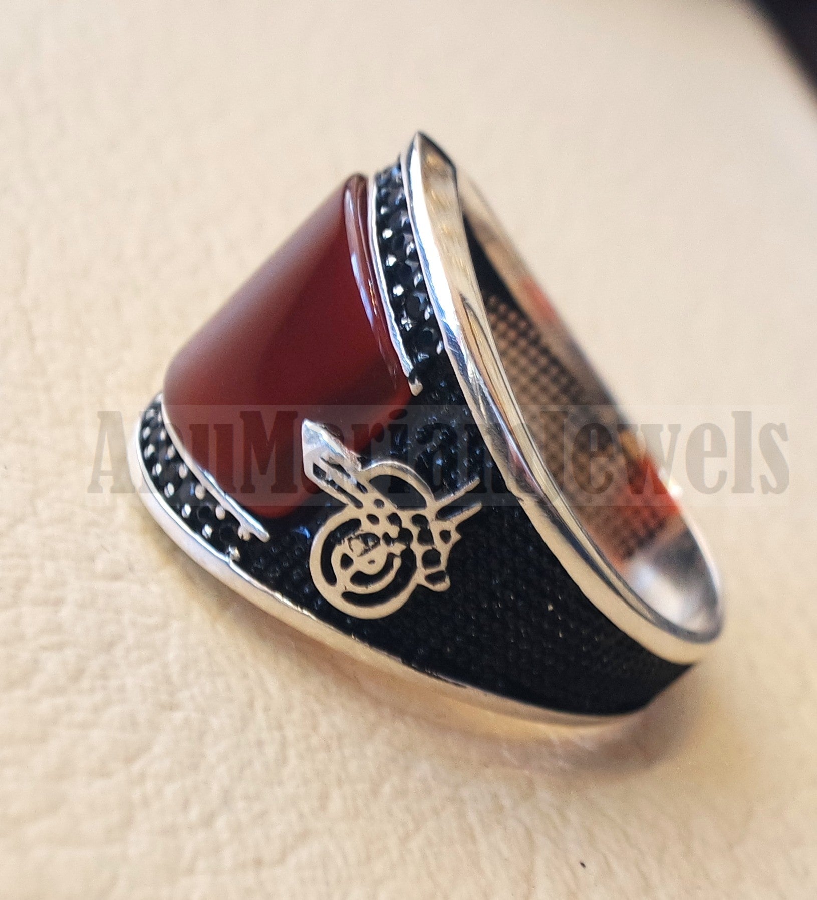 agate red aqeeq natural flat cushion stone man ring all sizes arabic Ottoman turkey antique style black zircon side setting