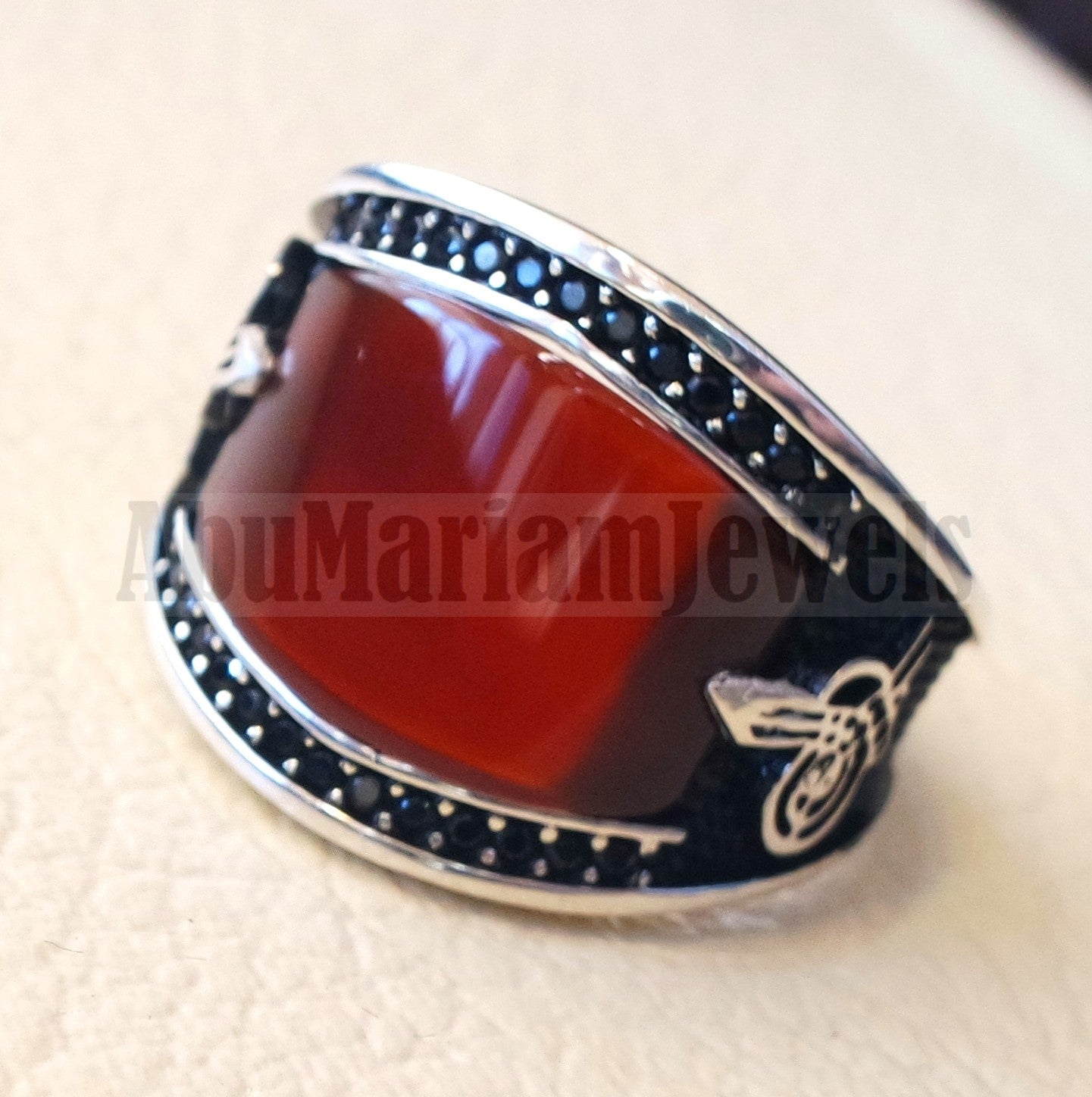 agate red aqeeq natural flat cushion stone man ring all sizes arabic Ottoman turkey antique style black zircon side setting