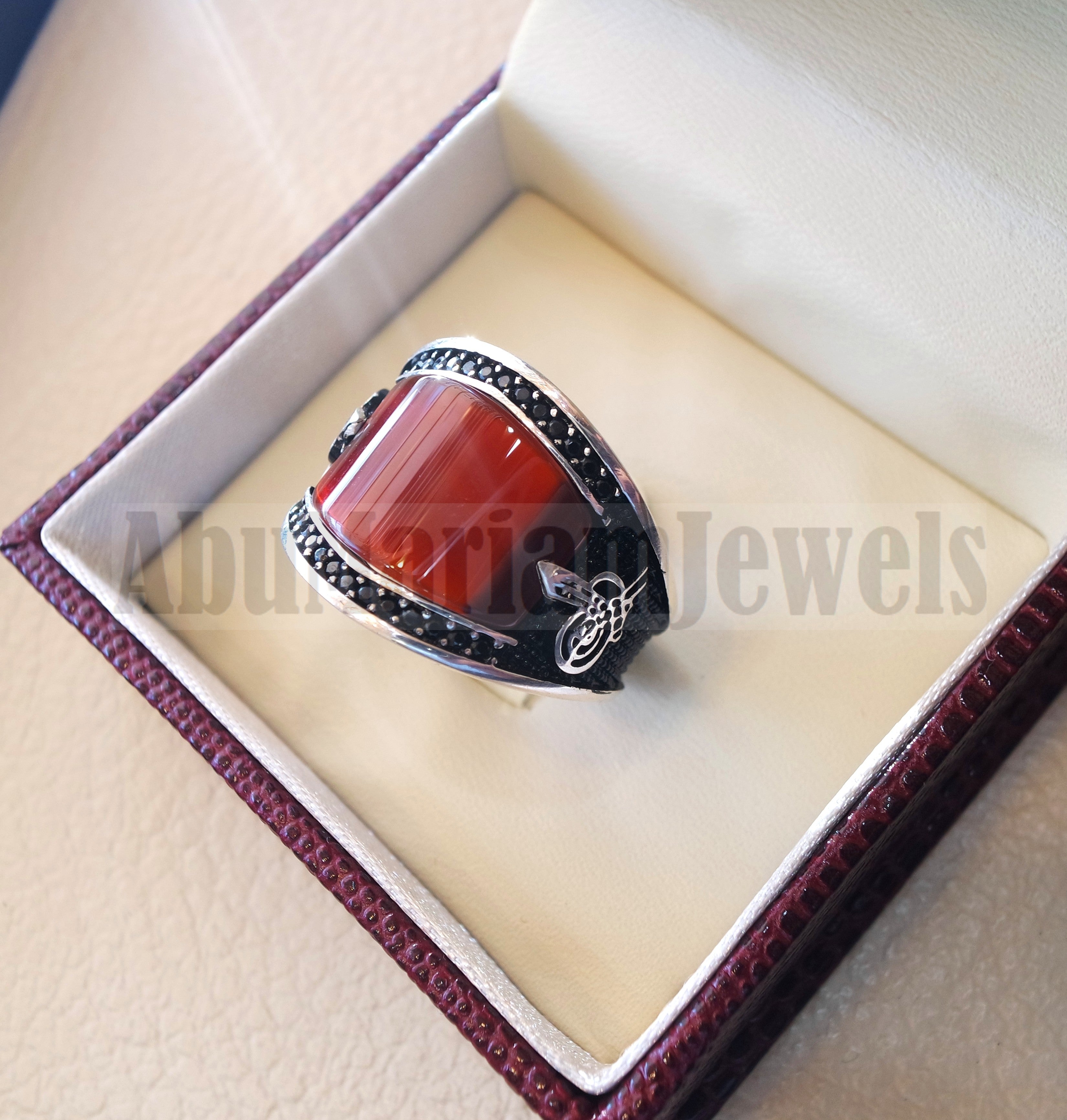 agate red aqeeq natural flat cushion stone man ring all sizes arabic Ottoman turkey antique style black zircon side setting