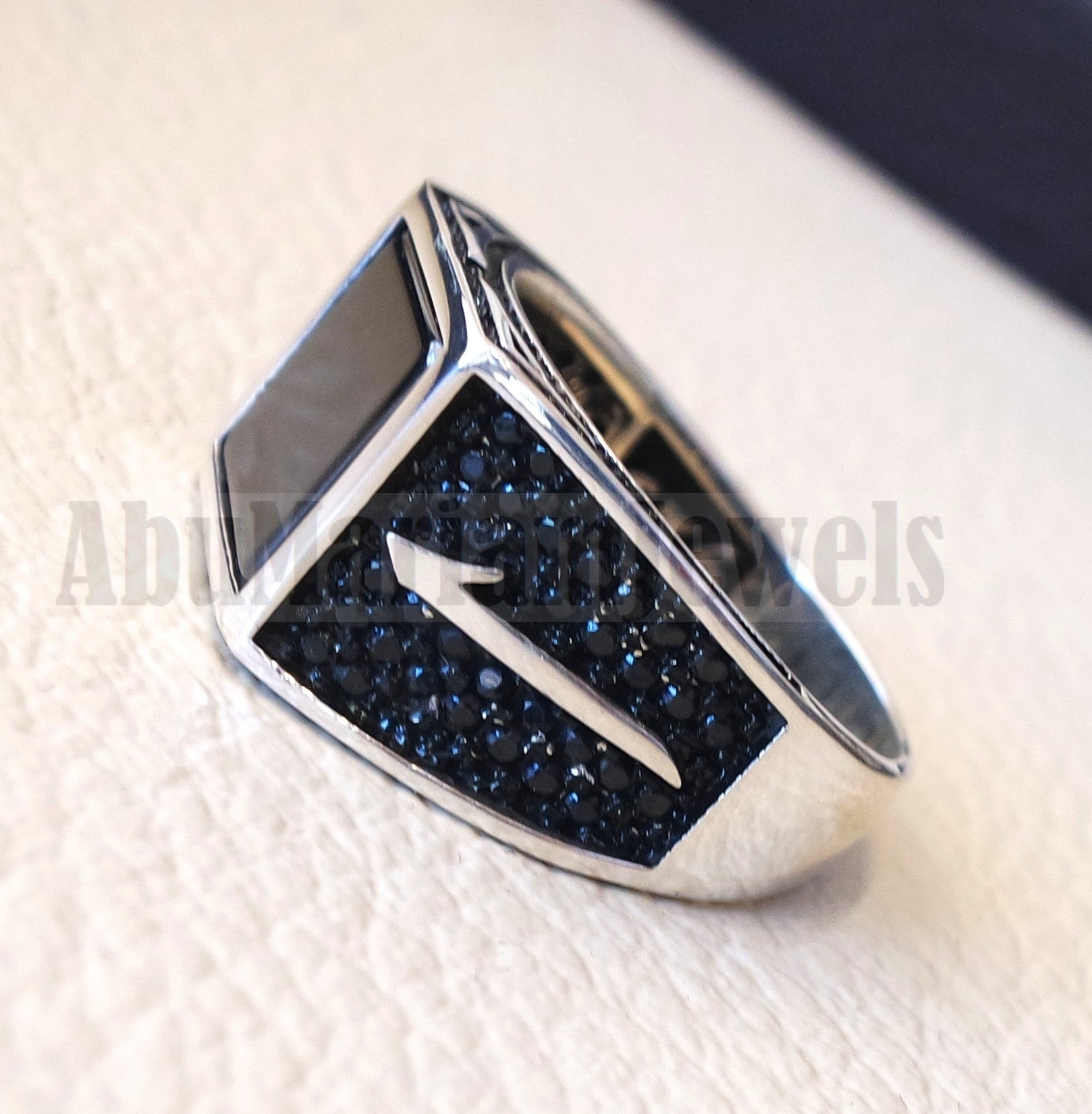 Square Alif Arabic Abjad stunning black onyx man ring sterling silver and black cubic zircon micro setting on sides natural flat gem الف عربي