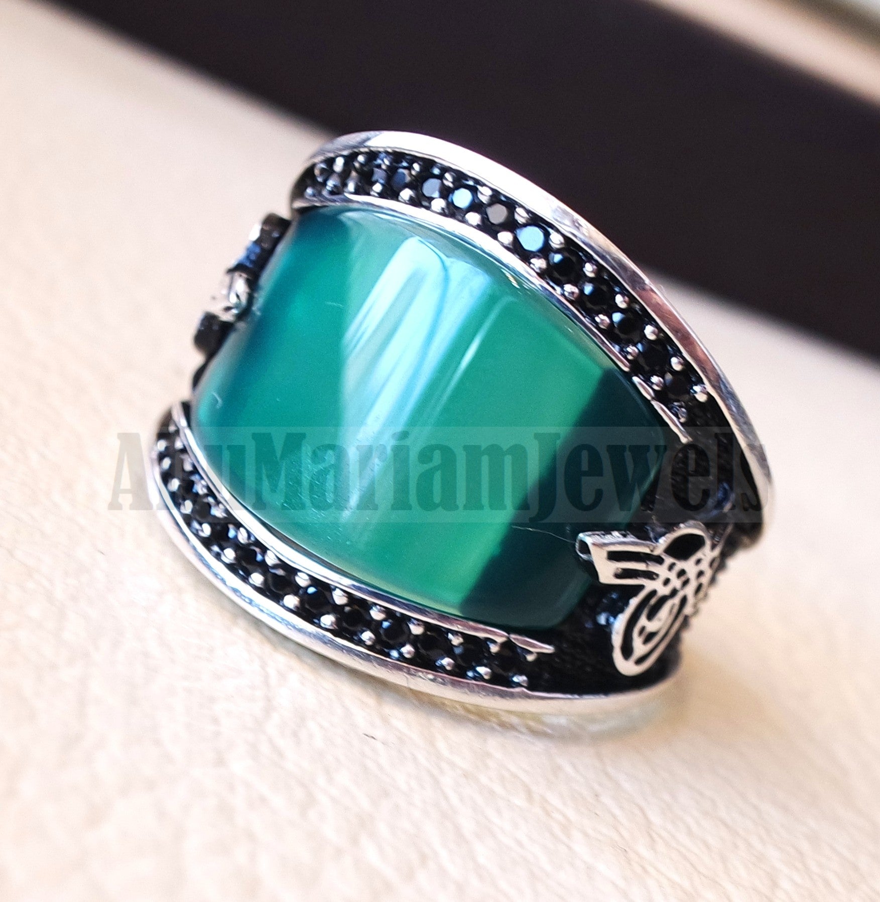 Agate green aqeeq natural flat cushion stone man ring all sizes arabic Ottoman turkey antique style black zircon side setting