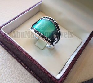 Agate green aqeeq natural flat cushion stone man ring all sizes arabic Ottoman turkey antique style black zircon side setting