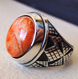 Esponja coral Murjan Heavy Men anillo naranja a rojo natural piedra esterlina plata 925 otomano estilo turco todos los tamaños envío rápido مرجان