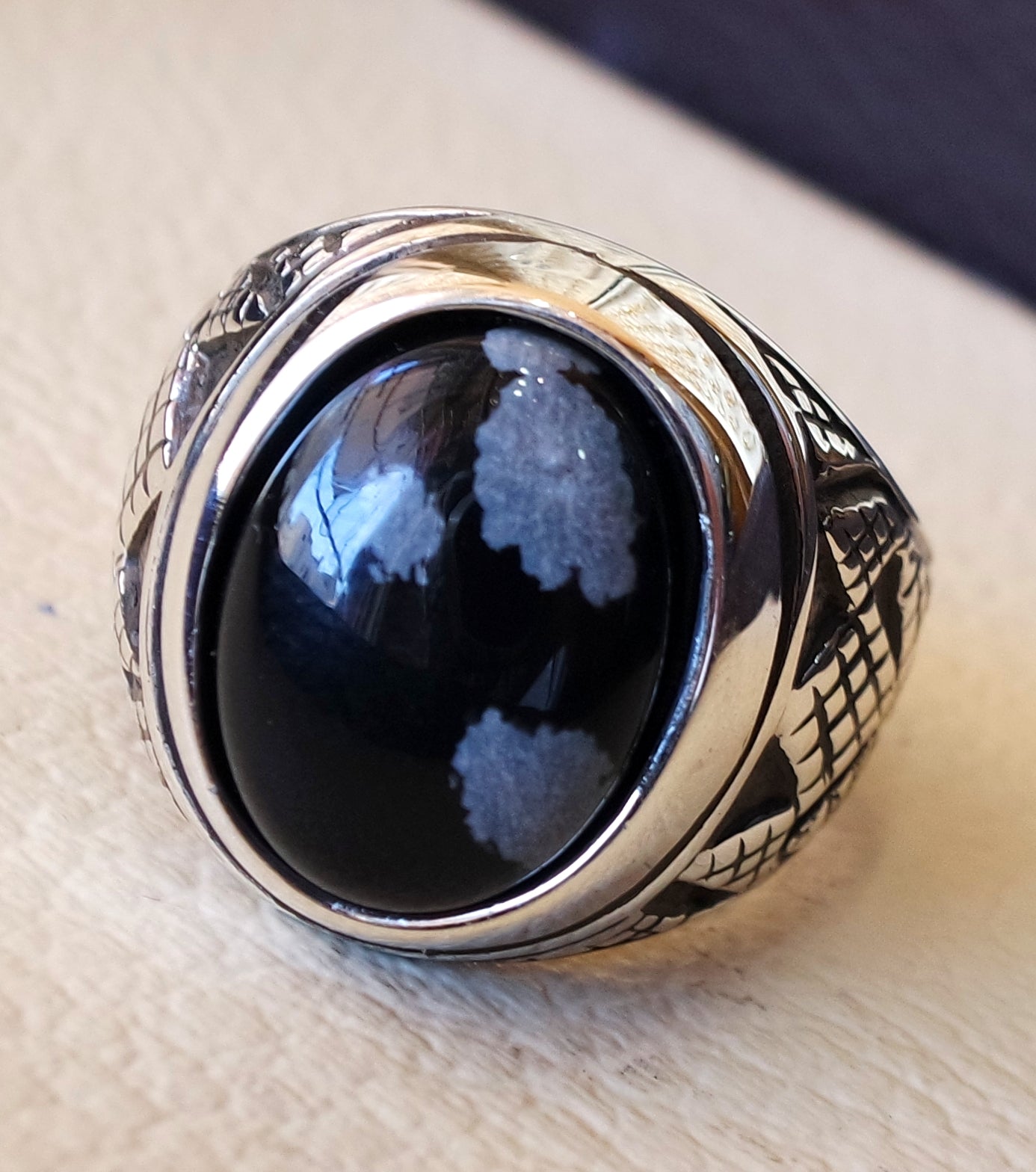 Snowflake obsidian black aqeeq heavy ring natural stone sterling s – Abu Mariam Jewelry