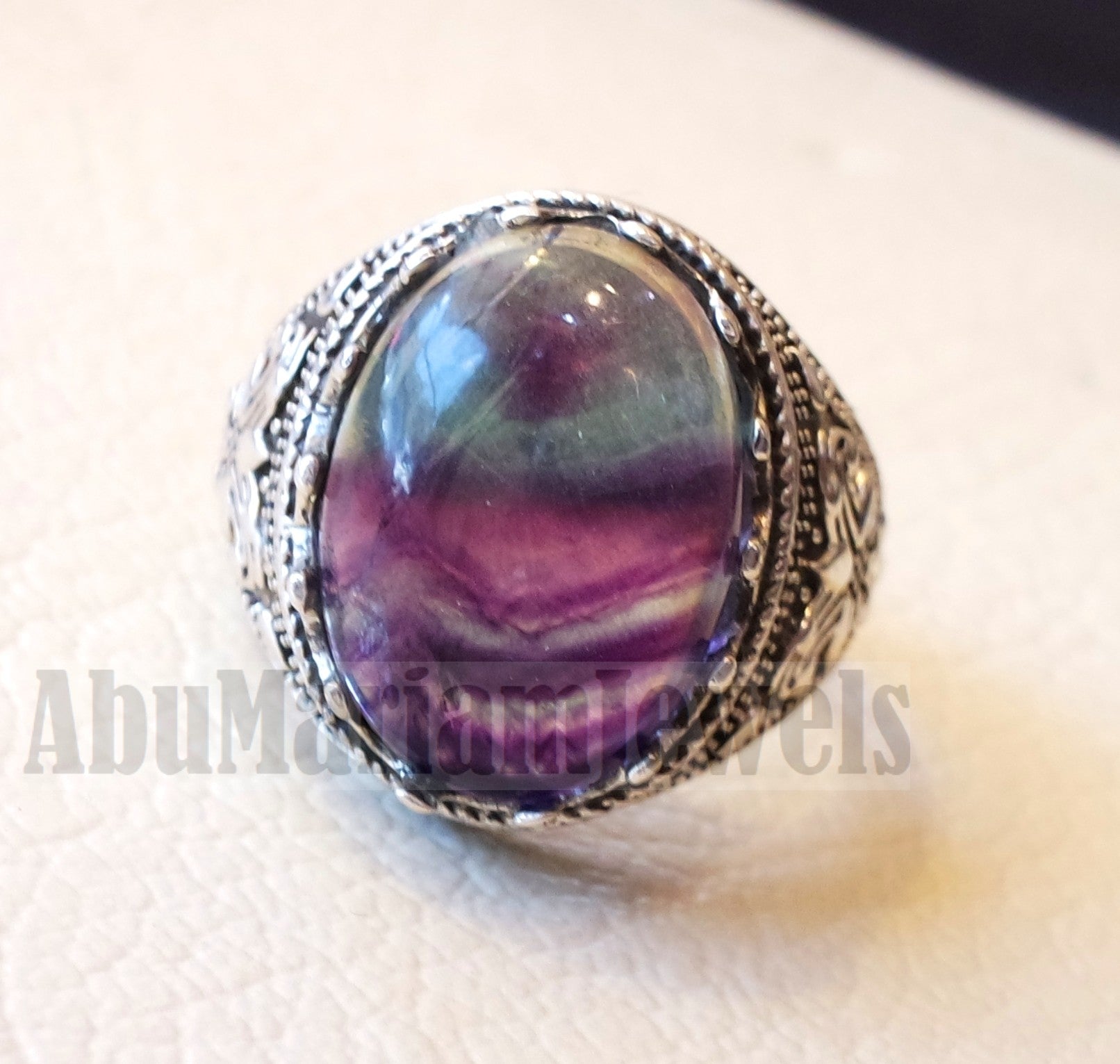 natural multi color fluorite purple blue green huge men ring sterling silver 925 mind clarity stone all sizes jewelry fast shipping