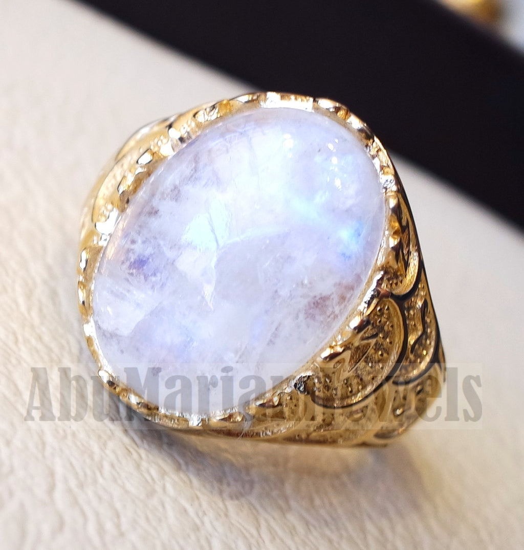 18k gold men ring moonstone energy stone high quality flashy white natural stone all sizes Ottoman signet style fine jewelry fast shipping