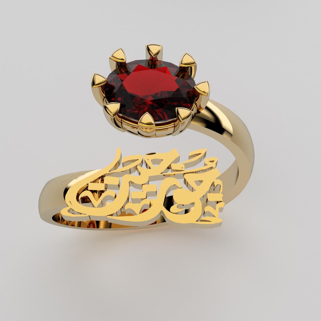 Arabic calligraphy customized 1 name sterling silver 925 or 18 k yellow gold ring and red synthetic corundum identical to genuine ruby S101