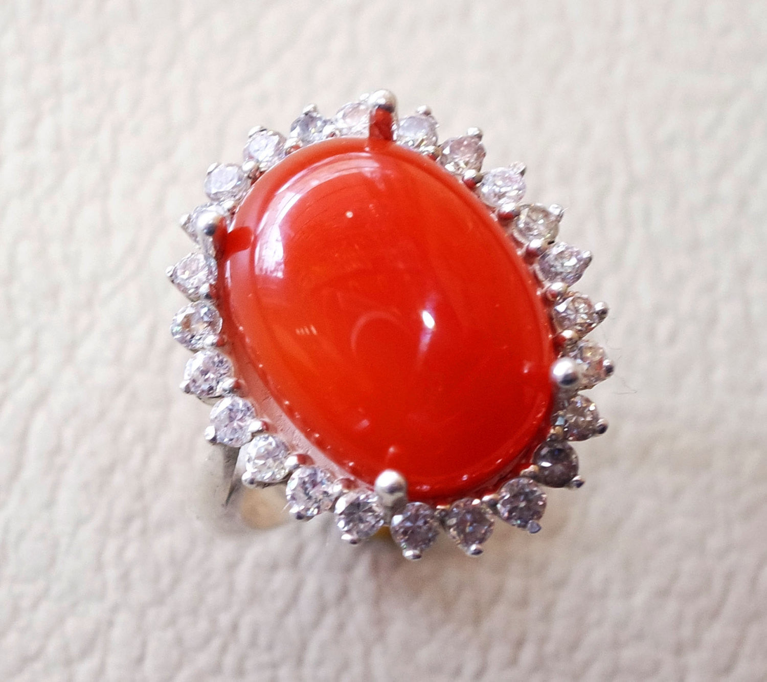 carnelian red aqeeq agate ladies ring red cabochon oval stone all sizes jewelry classic style sterling silver 925 white cubic zircon around