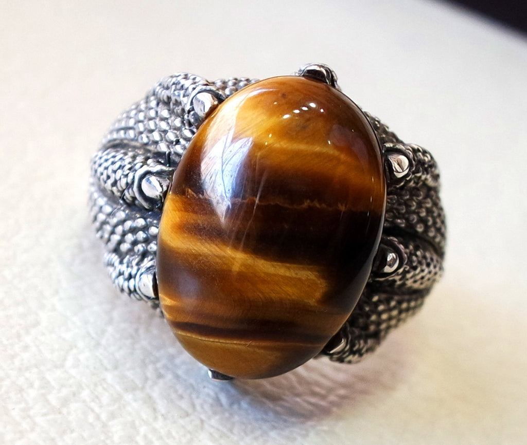 dragon snake mouth sterling silver 925 tiger cat eye stone oval  all sizes jewelry heavy men ring ottoman middle eastern style