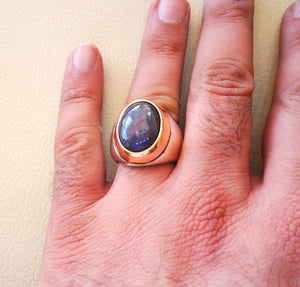 flashy dark blue labradorite natural stone men sterling silver 925 ring oval cabochon semi precious gem bronze frame style all sizes jewelry