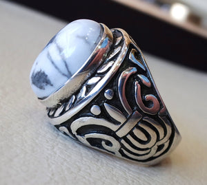 white turquoise howalite  natural agate oval cabochon stone big men ring sterling silver 925 all sizes antique ottoman jewelry fast shipping