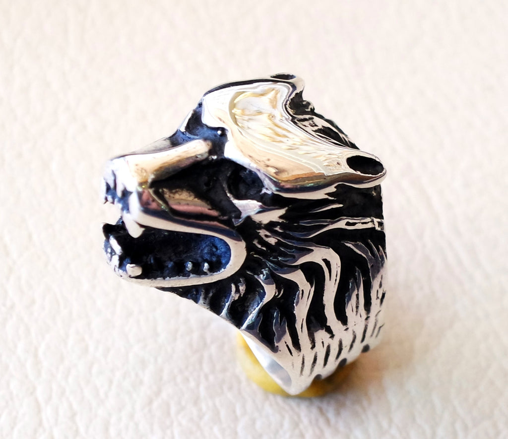 wolf ring heavy sterling silver 925 man biker ring all sizes handmade animal head jewelry fast shipping detailed craftsmanship