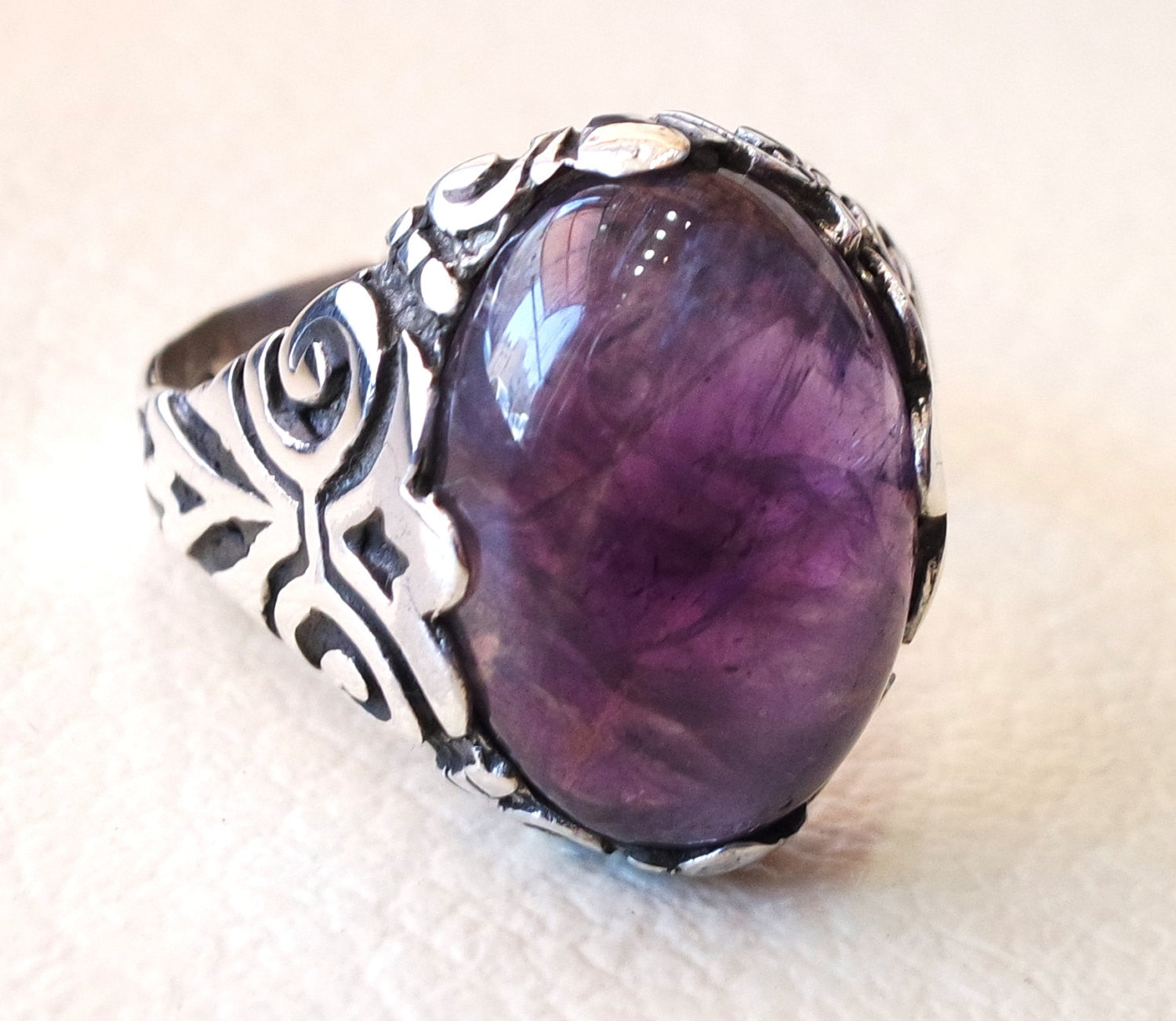 amatista ágata natural cabochon esterlina plata 925 hombres anillo Vintage árabe turco otomano antiguo estilo joyería oval Purple GEM todos los tamaños