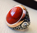 pure red jasper man ring stone natural aqeeq gem sterling silver 925 ring  oval semi precious cabochon  jewelry with bronze frame