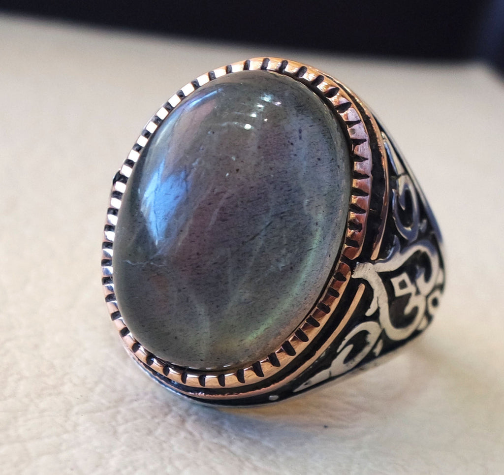 Labradorite natural stone green grey semi precious stone heavy man ring sterling silver 925 bronze frame any sizes jewelry fast shipping