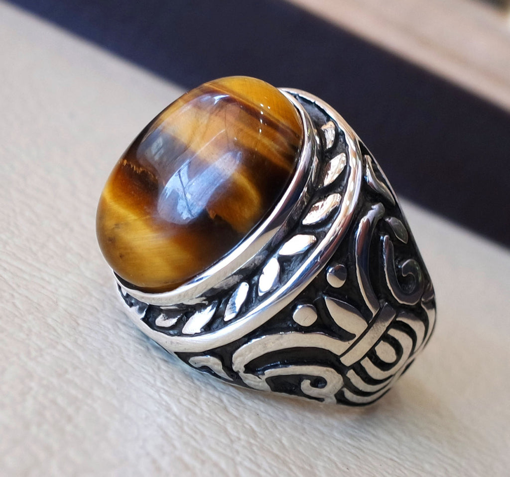 big men ring tiger eye cat eye natural cabochon semi precious oval stone ottoman antique  arabic style two tone sterling silver 925