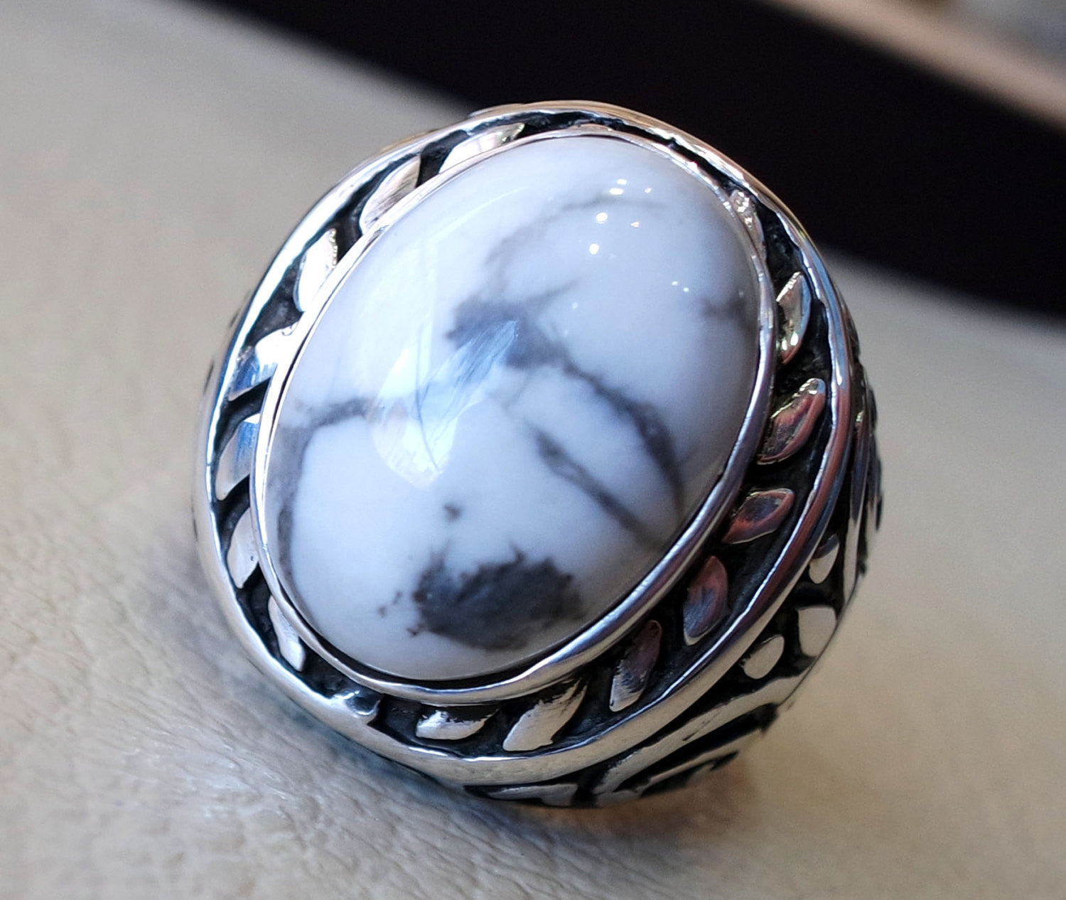 white turquoise howalite  natural agate oval cabochon stone big men ring sterling silver 925 all sizes antique ottoman jewelry fast shipping
