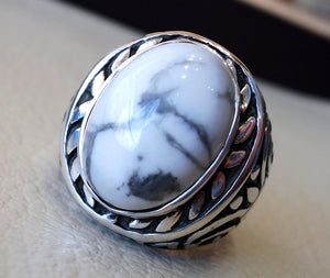 white turquoise howalite  natural agate oval cabochon stone big men ring sterling silver 925 all sizes antique ottoman jewelry fast shipping
