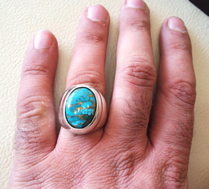 copper turquoise natural stone men heavy sterling silver 925 ring oval cabochon semi precious gem ottoman arabic style all sizes jewelry