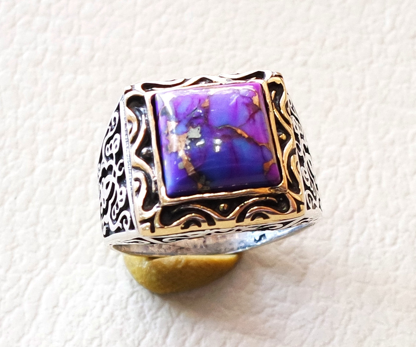 square natural copper turquoise high quality purple stone heavy sterling silver 925 man ring bronze frame any size ottoman style jewelry