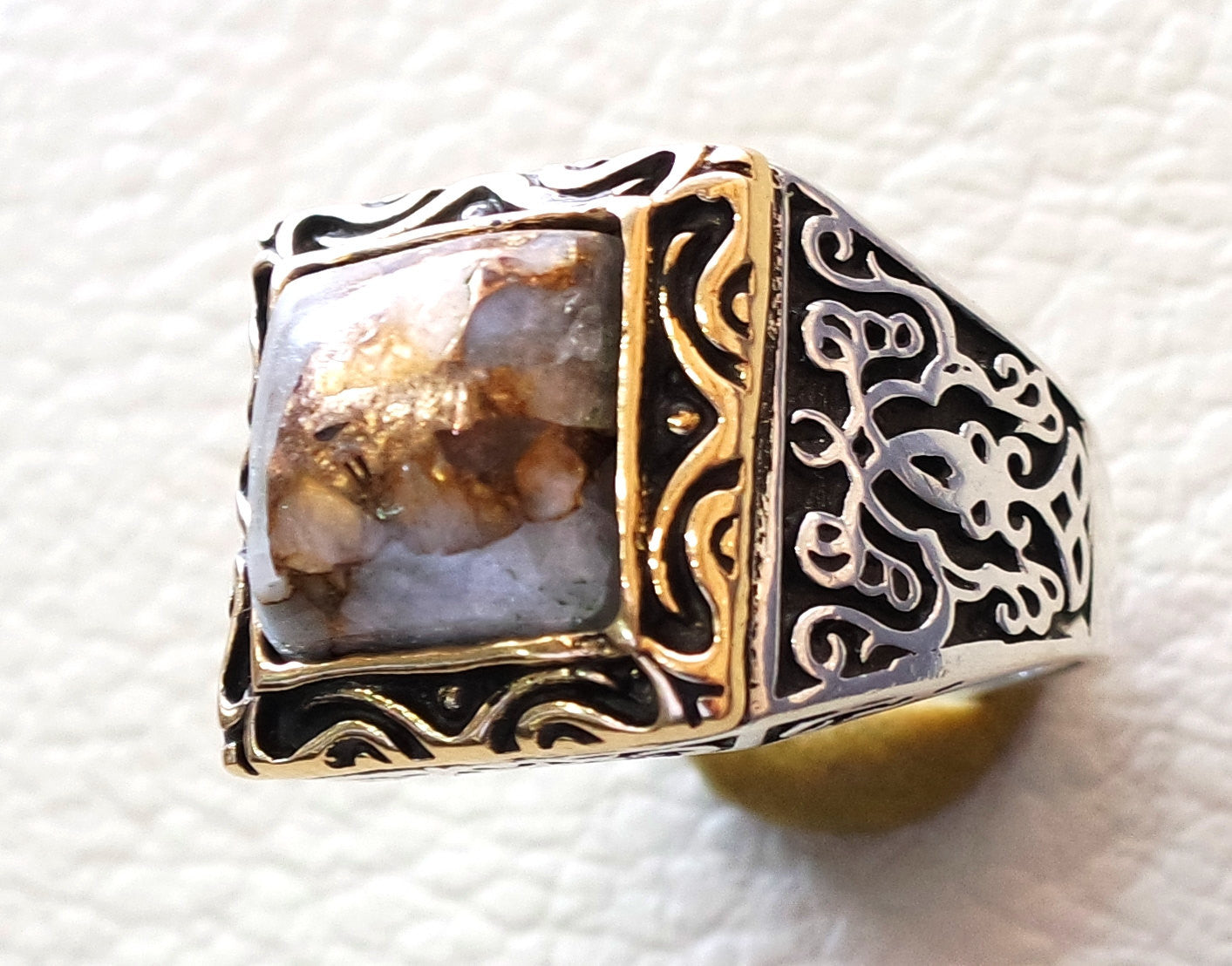 square natural copper calcite high quality white stone heavy sterling silver 925 man ring bronze frame any size ottoman style jewelry