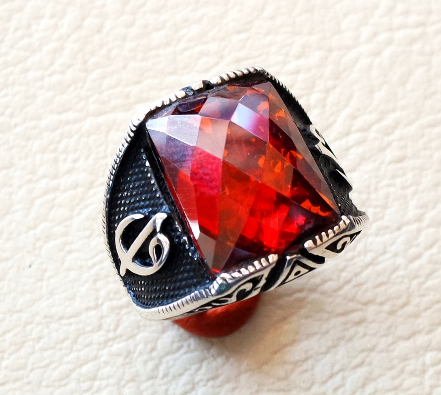 ottoman red ruby imitation  sterling silver 925 antique men ring arabic waw vav jewelry any size fast shipping rectangular stone
