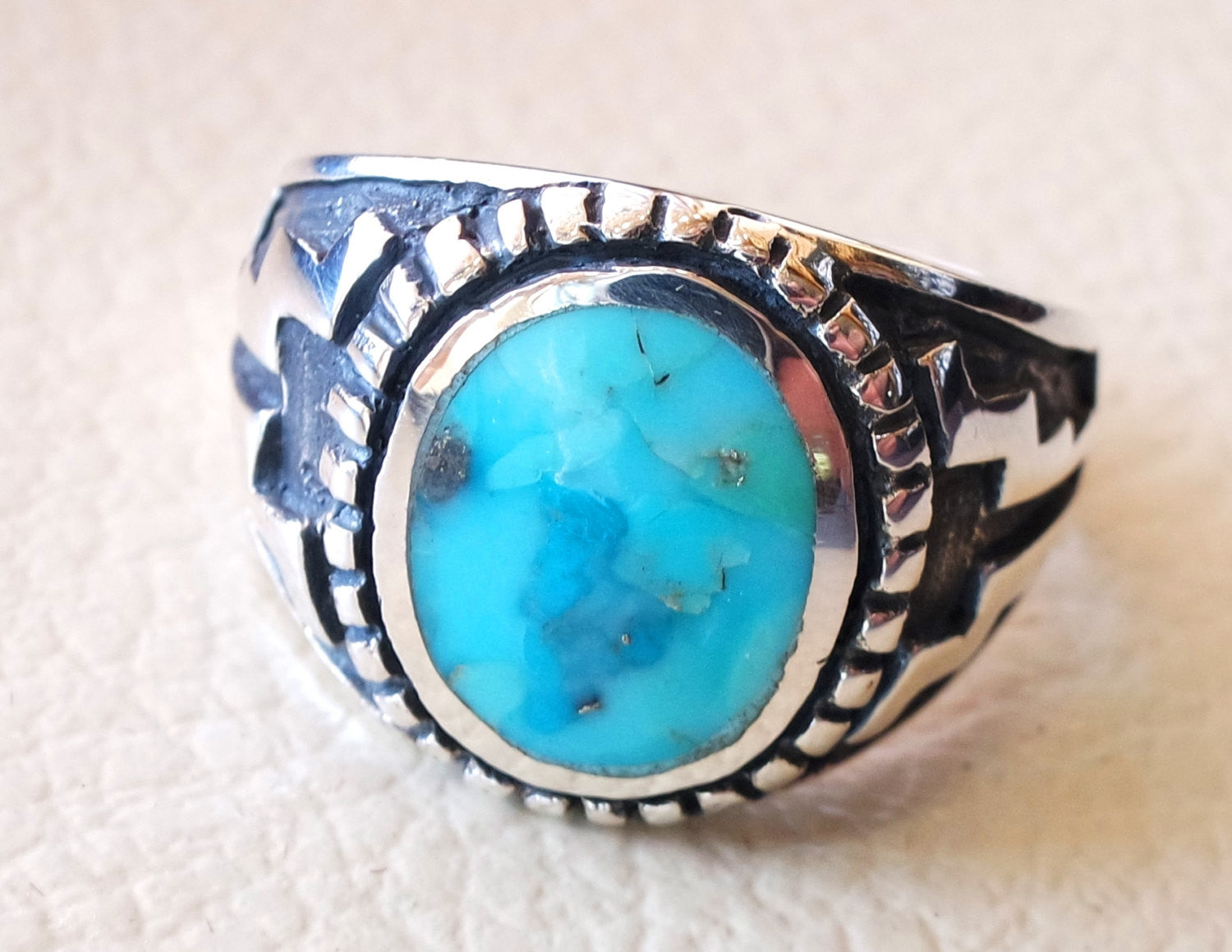 restructured natural turquoise oval blue stone sterling silver 925 man ring  any size  middle eastern ottoman style jewelry