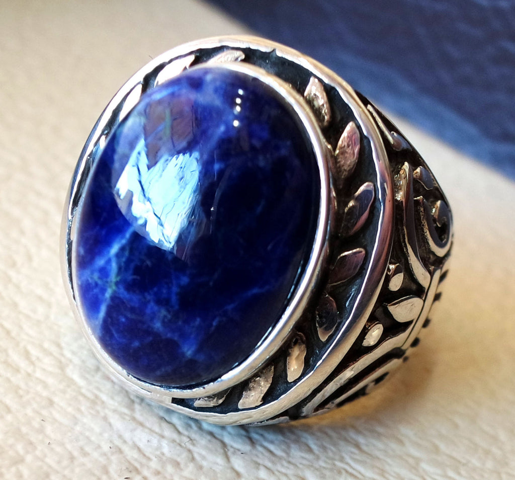 Sodalite huge natural stone dark royal blue men ring sterling silver 925 stunning genuine gem two ottoman arabic style jewelry all sizes