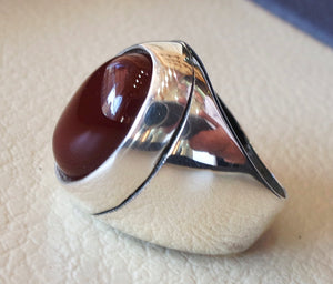 aqeeq natural liver agate carnelian semi precious stone oval red gem heavy man ring sterling silver arabic middle eastern turkey style