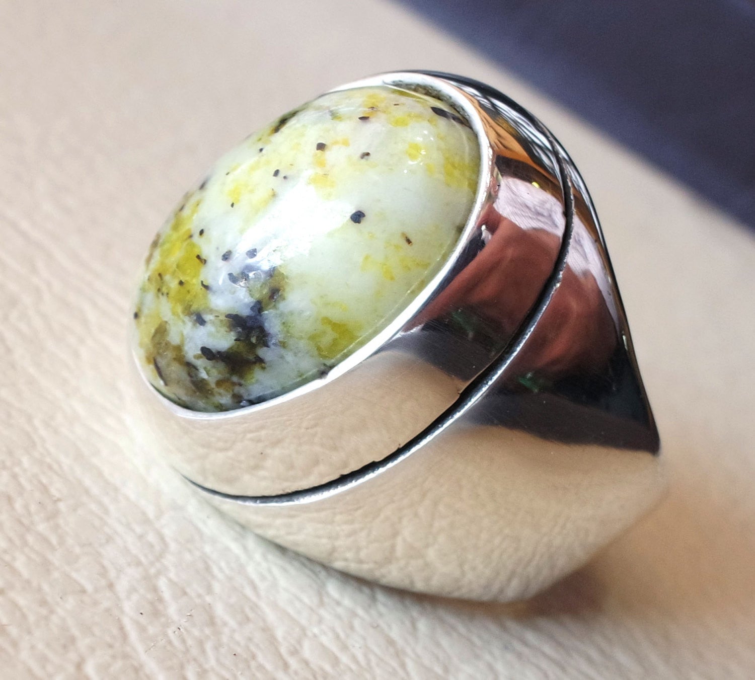 yellow dendritic grass howlite natural gem sterling silver 925 ring oval semi precious cabochon man huge ring ottoman jewelry fast shipping