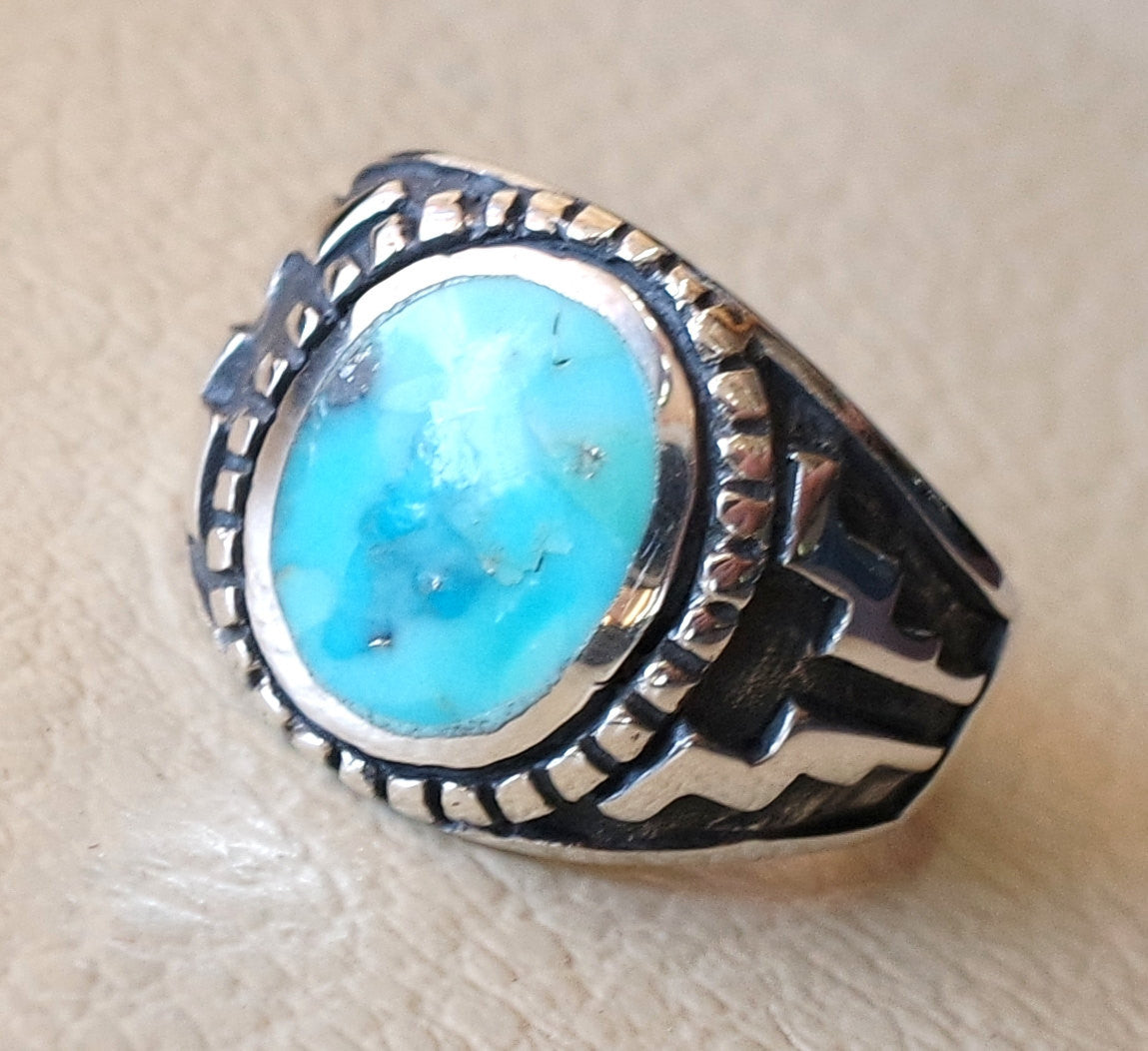 restructured natural turquoise oval blue stone sterling silver 925 man ring  any size  middle eastern ottoman style jewelry