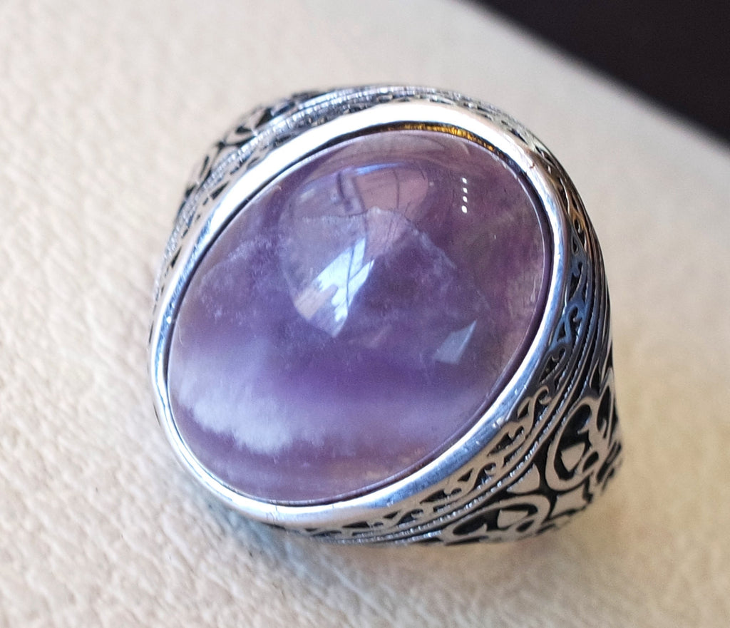 amethyst agate natural purple stone sterling silver 925 man ring vintage arabic turkish ottoman style jewelry oval  gem all sizes express