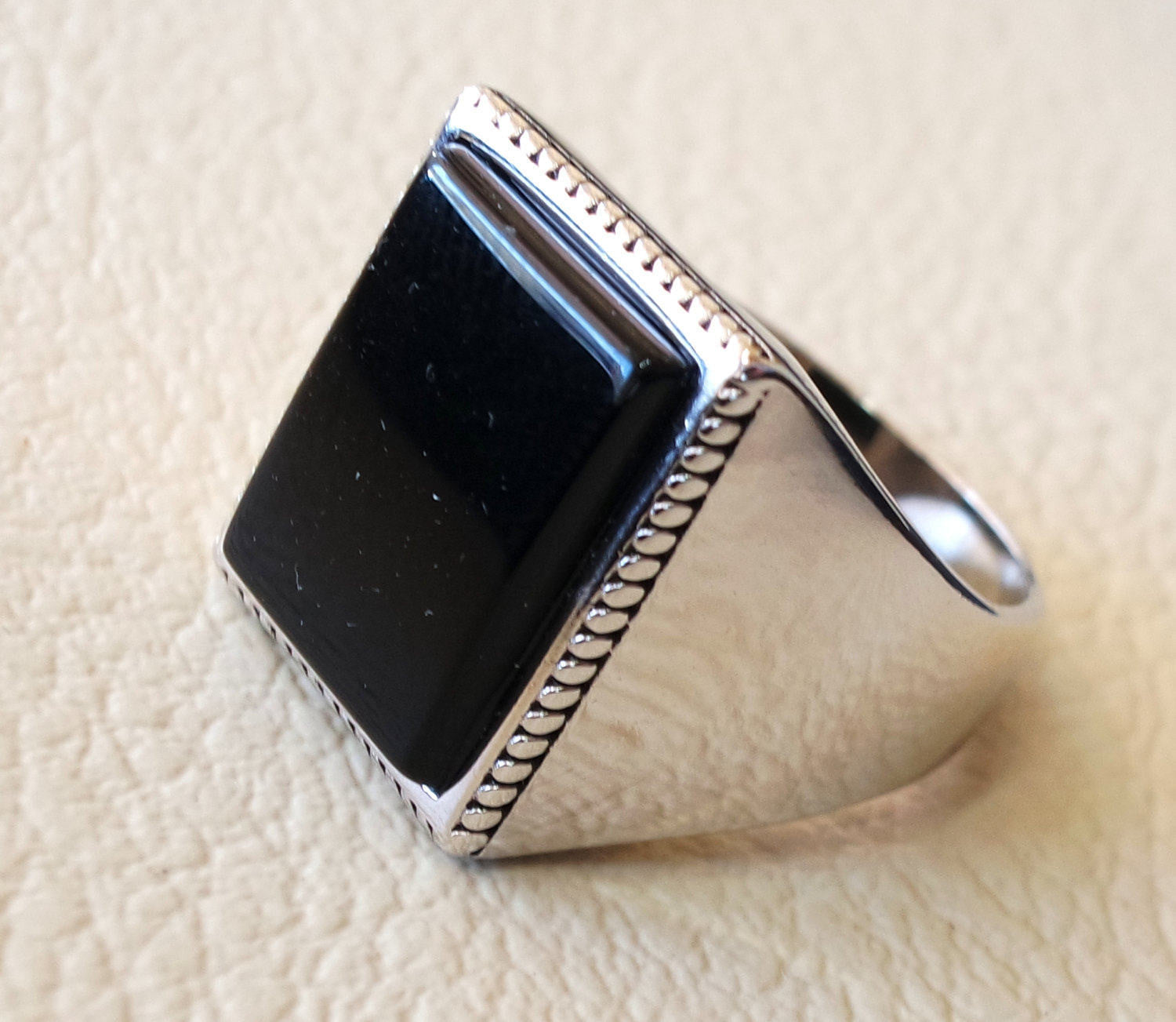 Rectangular silver onyx black aqeeq flat natural semi precious agate gemstone men ring sterling silver 925 jewelry all sizes fast shipping