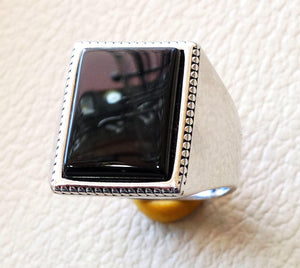 Rectangular silver onyx black aqeeq flat natural semi precious agate gemstone men ring sterling silver 925 jewelry all sizes fast shipping