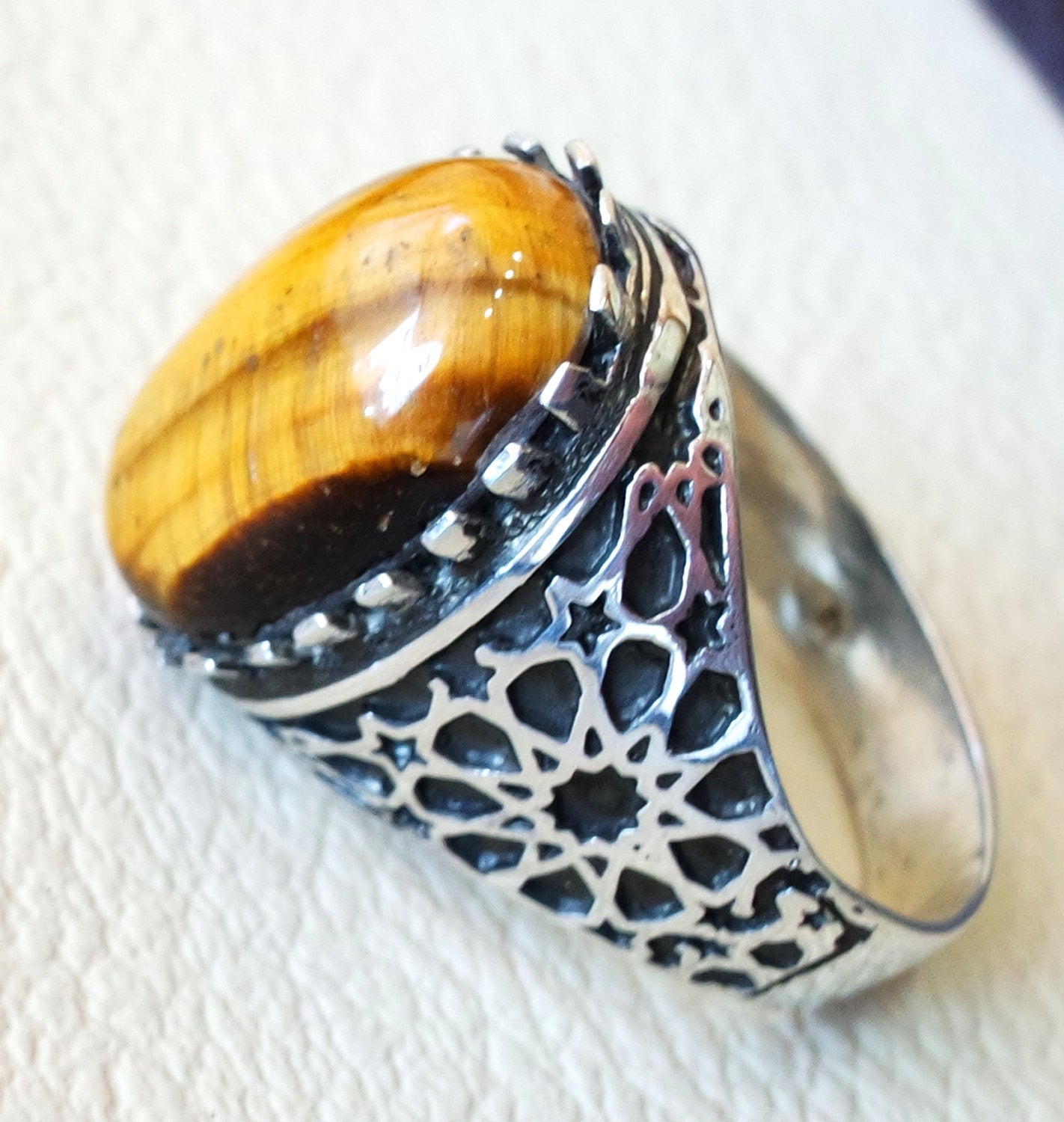 cat eye tiger eye semi precious natural cabochon stone men ring sterling silver 925 any size oriental ornament middle eastern arabic jewelry
