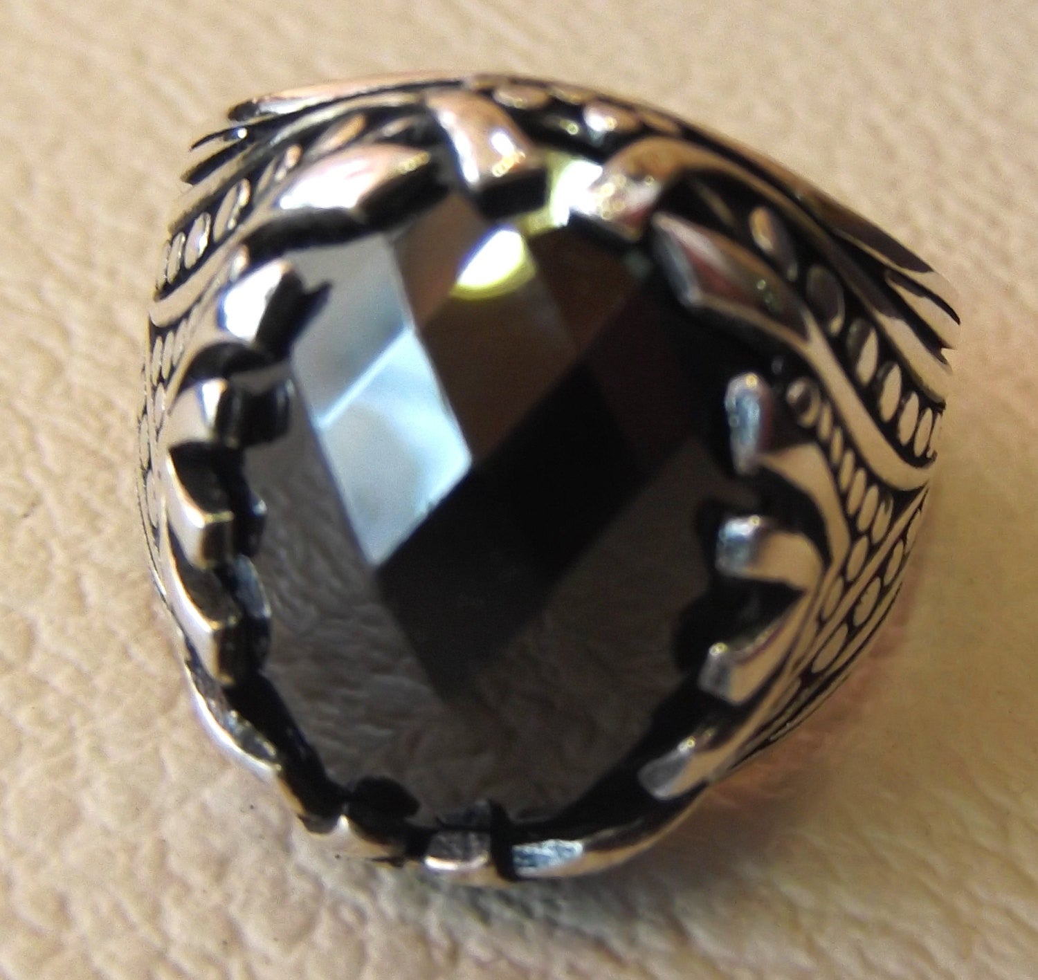 men ring black white sterling silver 925 all sizes jewelry oval caboch Abu Mariam Jewelry