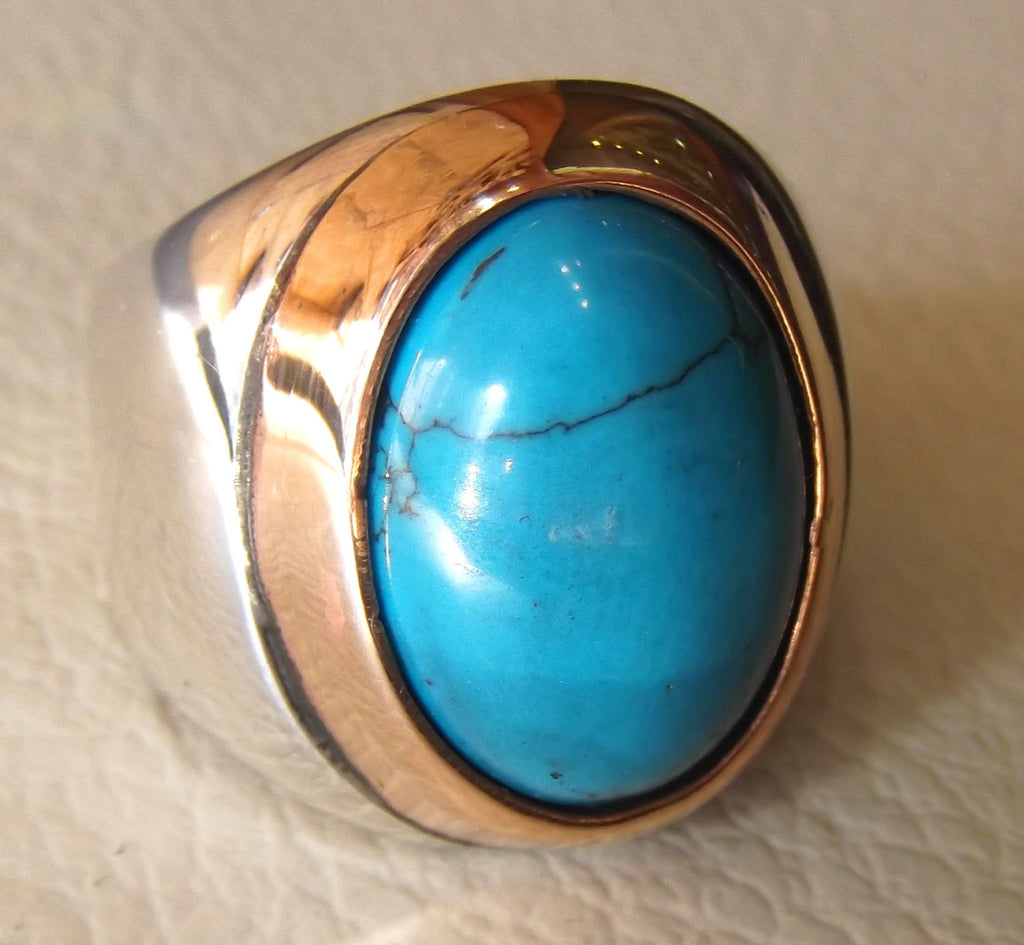 turquoise heavy sterling silver men ring blue oval arab ottoman middle eastern jewelry cabochon stone all sizes bronze frame