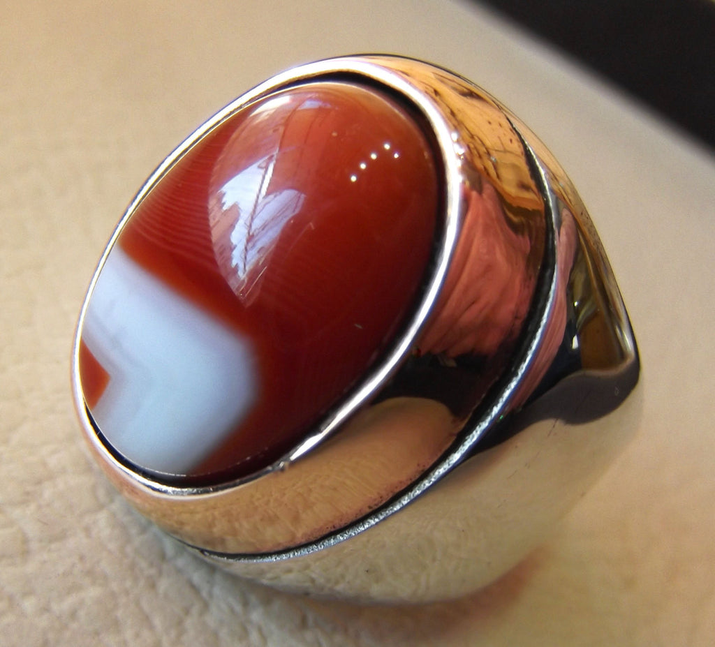 multi color yemen agate aqeeq carnelian sterling silver 925 ring bronze frame heavy jewelry red orange brown white yellow arabic style oval