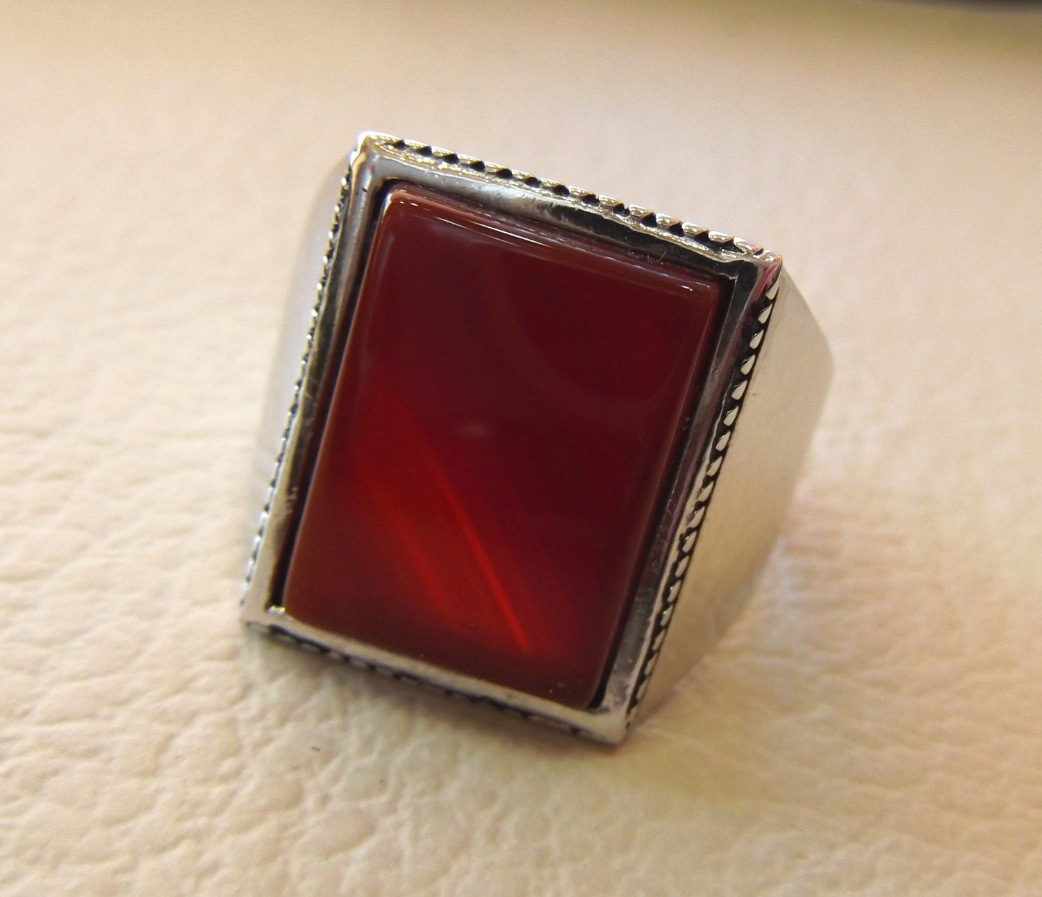 Rectangular silver aqeeq flat natural semi precious agate carnelian gemstone men ring sterling silver 925 jewelry all sizes fast shipping