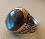 Labradorite natural stone multi color semi precious cabochon stone man ring sterling silver 925 bronze frame all sizes jewelry fast shipping