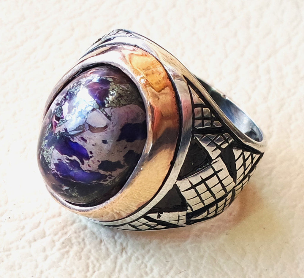 men ring sea sediment jasper multi color purple orange red stone all sizes natural semi precious sterling silver 925 bronze frame jewelry