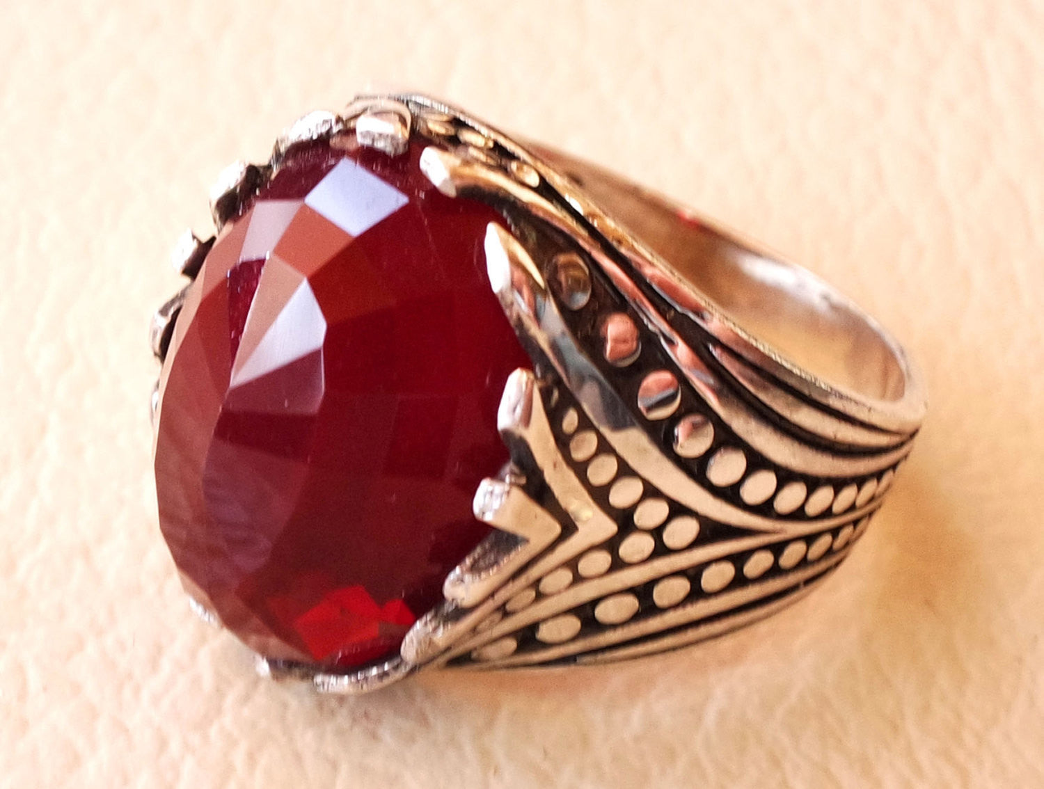 color rojo rubí facetas cabochon Stone hombre anillo de plata esterlina 925 todos los tamaños de alta calidad joyería otomana de Oriente medio antiguo estilo