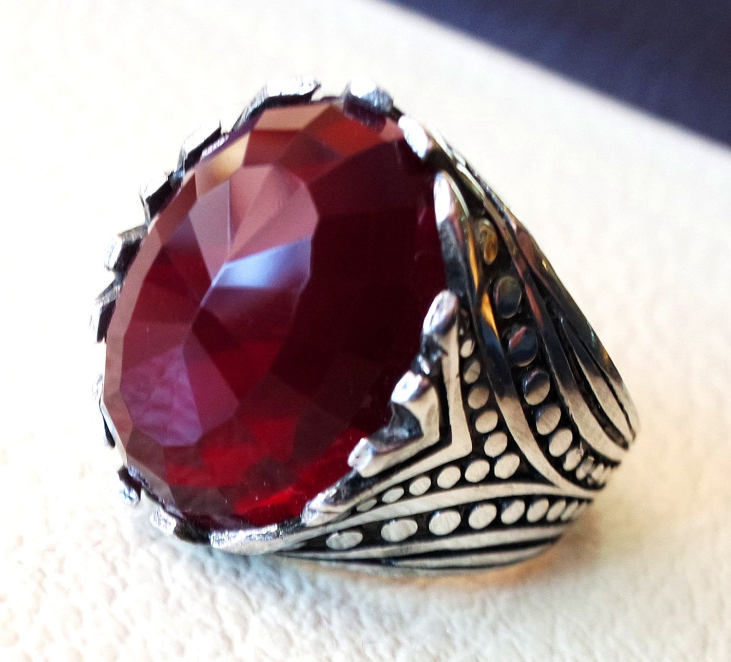 color rojo rubí facetas cabochon Stone hombre anillo de plata esterlina 925 todos los tamaños de alta calidad joyería otomana de Oriente medio antiguo estilo