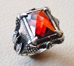 medieval axe ring red ruby color synthetic stone heavy huge man ring sterling silver 925 antique rectangular all sizes jewelry