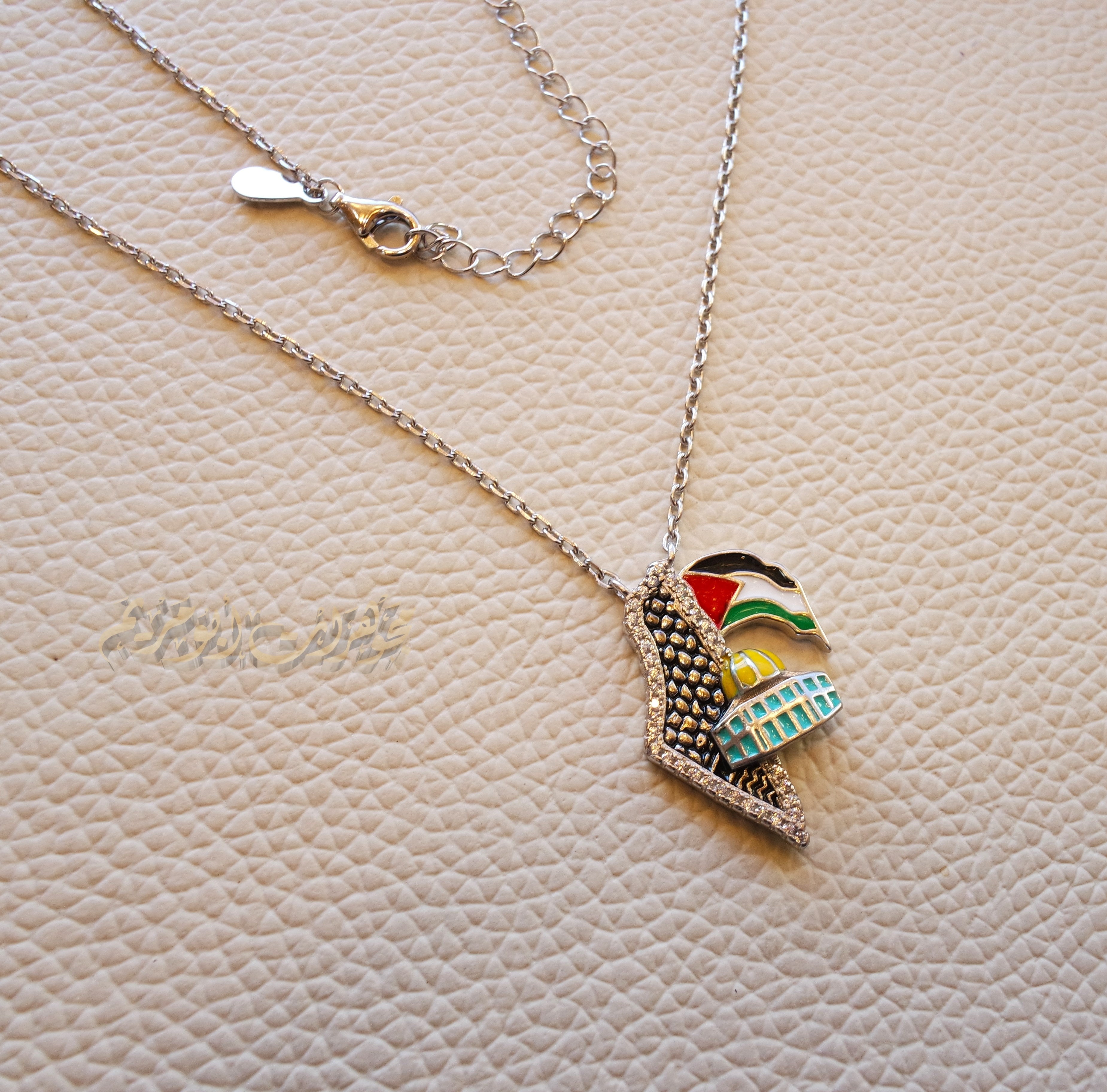 Palestine map Aqsa colorful enamel flag necklace 2 sterling silver 925 high quality jewelry koufyeh Arabic كوفيه خارطه فلسطين